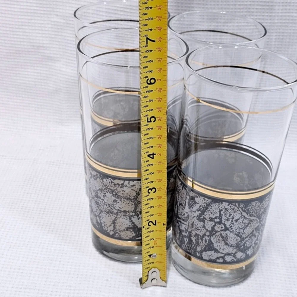 Vintage Snakeskin Tumbler Glasses Set‎ of 4 Gold Trim Retro Barware MCM 6 inch